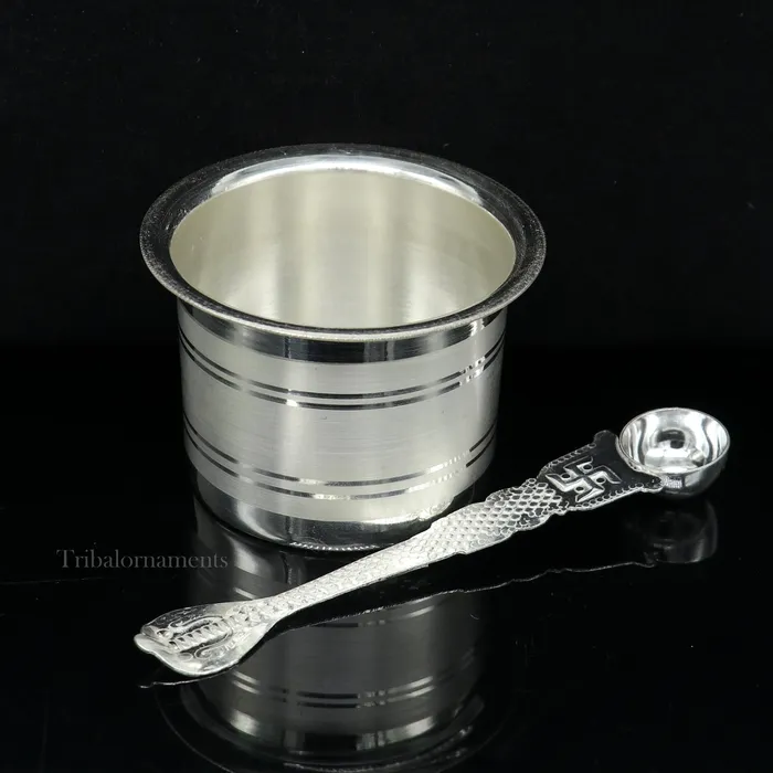 Silver Elegant Ghee pot patra puja or worshipping silver ghee bowl or pot Butter pot for kitchen silver puja utensils from India su542 TRIBAL ORNAMENTS Necklaces