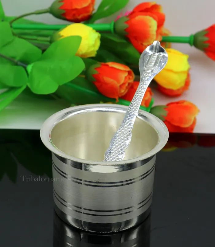 Silver Elegant Ghee pot patra puja or worshipping silver ghee bowl or pot Butter pot for kitchen silver puja utensils from India su542 TRIBAL ORNAMENTS Necklaces