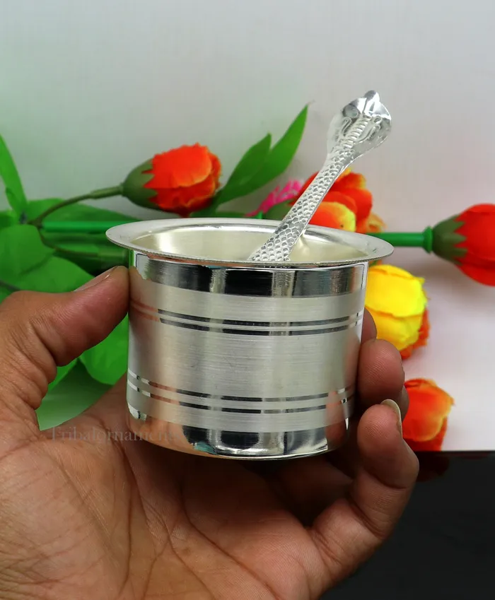 Silver Elegant Ghee pot patra puja or worshipping silver ghee bowl or pot Butter pot for kitchen silver puja utensils from India su542 TRIBAL ORNAMENTS Necklaces