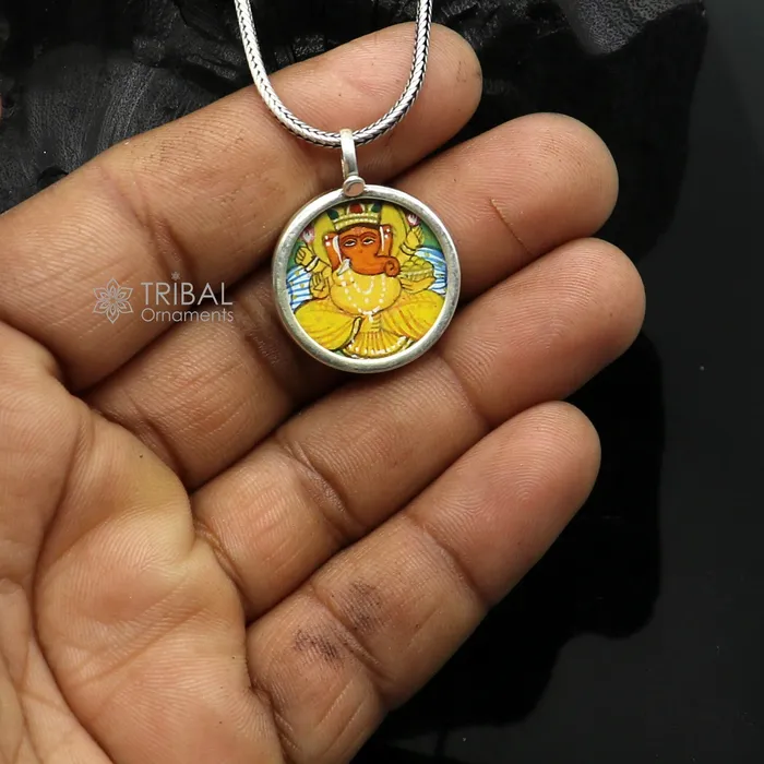 TRIBAL ORNAMENTS Necklaces Stylish 925 sterling silver handmade idol God Ganesha pendant amazing painting pendant unisex gifting functional kavacham jewelry nsp778 TRIBAL ORNAMENTS Necklaces Stylish 925 sterling silver handmade idol God Ganesha pendant amazing painting pendant unisex gifting functional kavacham jewelry nsp778