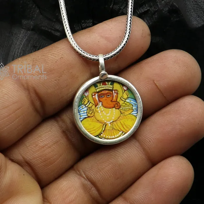 TRIBAL ORNAMENTS Necklaces Stylish 925 sterling silver handmade idol God Ganesha pendant amazing painting pendant unisex gifting functional kavacham jewelry nsp778 TRIBAL ORNAMENTS Necklaces Stylish 925 sterling silver handmade idol God Ganesha pendant amazing painting pendant unisex gifting functional kavacham jewelry nsp778