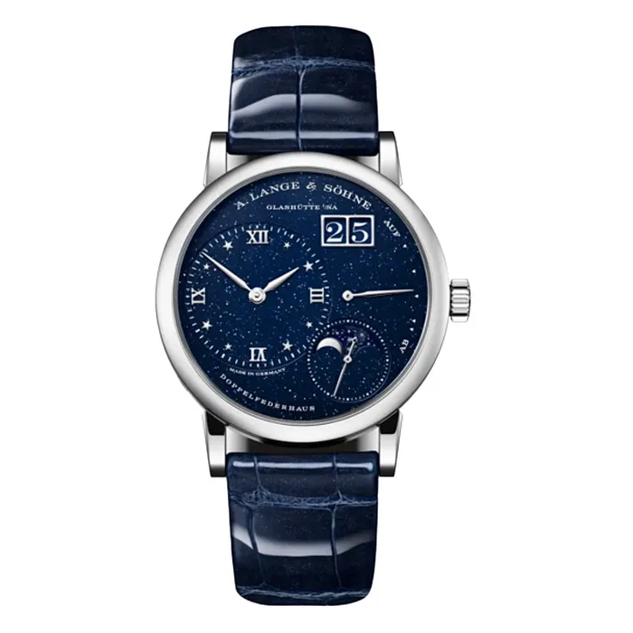 A Lange Shne A Lange Sohne Lange 1 Moon Phase 368mm Watch Ref 182086 Night Sky Moonphase Dial in 18K White Gold Case Blue Alligator Leather Watches A Lange Shne A Lange Sohne Lange 1 Moon Phase 368mm Watch Ref 182086 Night Sky Moonphase Dial in 18K White Gold Case Blue Alligator Leather Watches