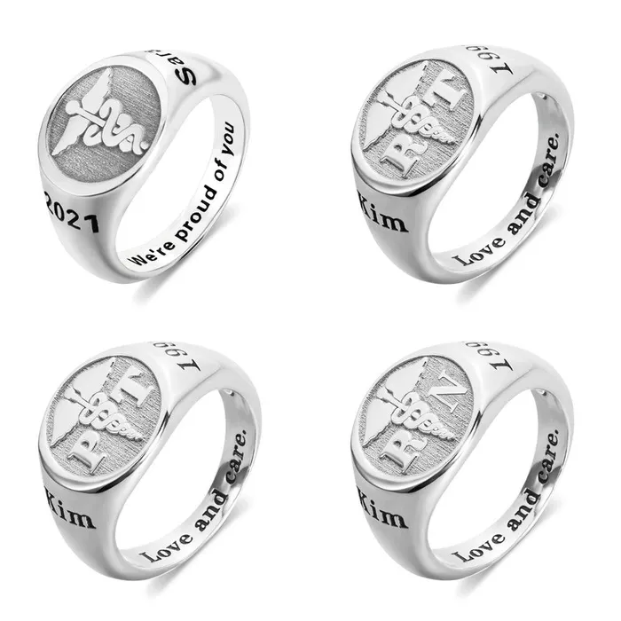 Belbren Rings Personalized Sterling Silver Medical Signet Ring Caduceus Symbol Custom Abbreviation for Nurses Doctors Therapists Belbren Rings Personalized Sterling Silver Medical Signet Ring Caduceus Symbol Custom Abbreviation for Nurses Doctors Therapists