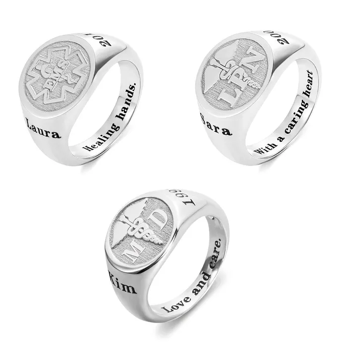 Belbren Rings Personalized Sterling Silver Medical Signet Ring Caduceus Symbol Custom Abbreviation for Nurses Doctors Therapists