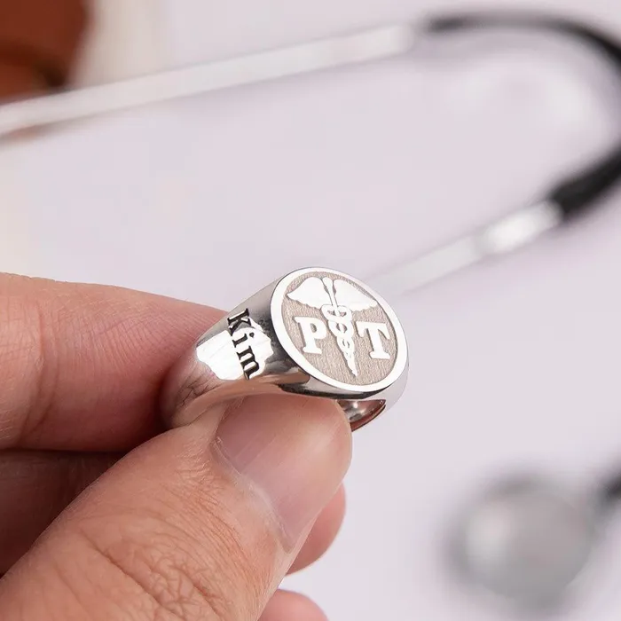 Belbren Rings Personalized Sterling Silver Medical Signet Ring Caduceus Symbol Custom Abbreviation for Nurses Doctors Therapists