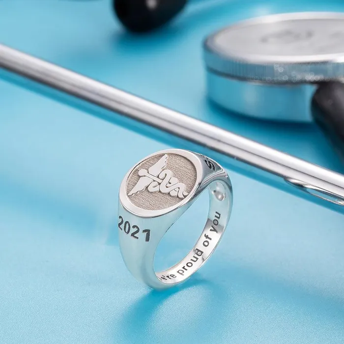Belbren Rings Personalized Sterling Silver Medical Signet Ring Caduceus Symbol Custom Abbreviation for Nurses Doctors Therapists
