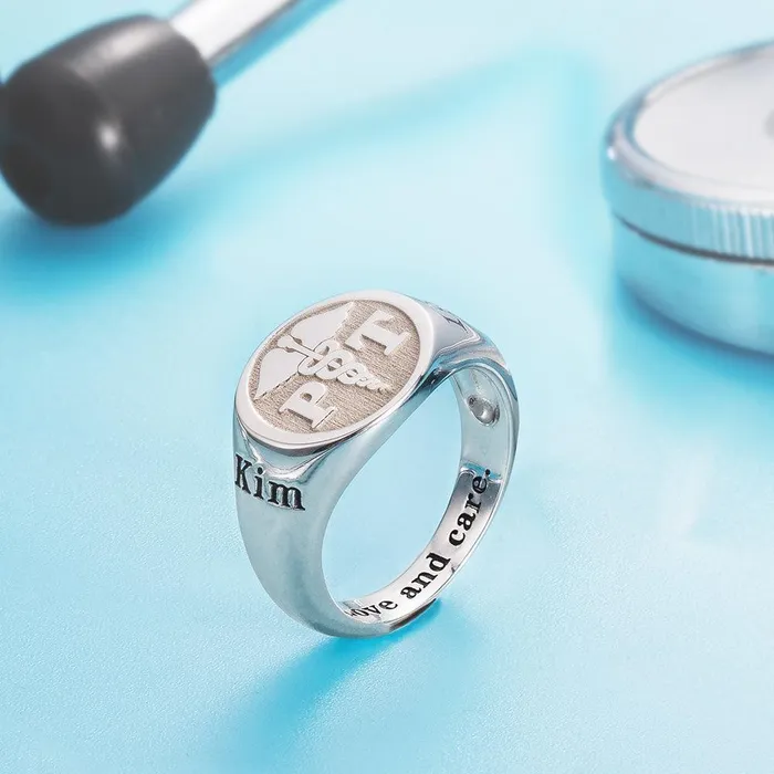 Belbren Rings Personalized Sterling Silver Medical Signet Ring Caduceus Symbol Custom Abbreviation for Nurses Doctors Therapists