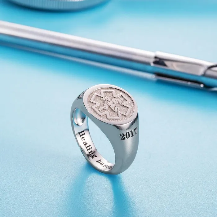 Belbren Rings Personalized Sterling Silver Medical Signet Ring Caduceus Symbol Custom Abbreviation for Nurses Doctors Therapists