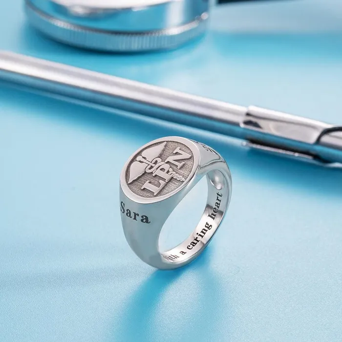 Belbren Rings Personalized Sterling Silver Medical Signet Ring Caduceus Symbol Custom Abbreviation for Nurses Doctors Therapists