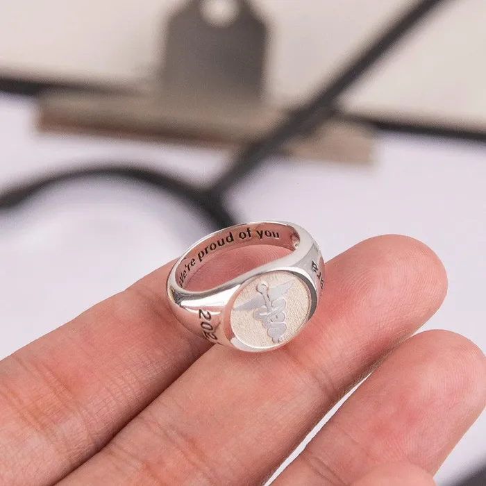 Belbren Rings Personalized Sterling Silver Medical Signet Ring Caduceus Symbol Custom Abbreviation for Nurses Doctors Therapists