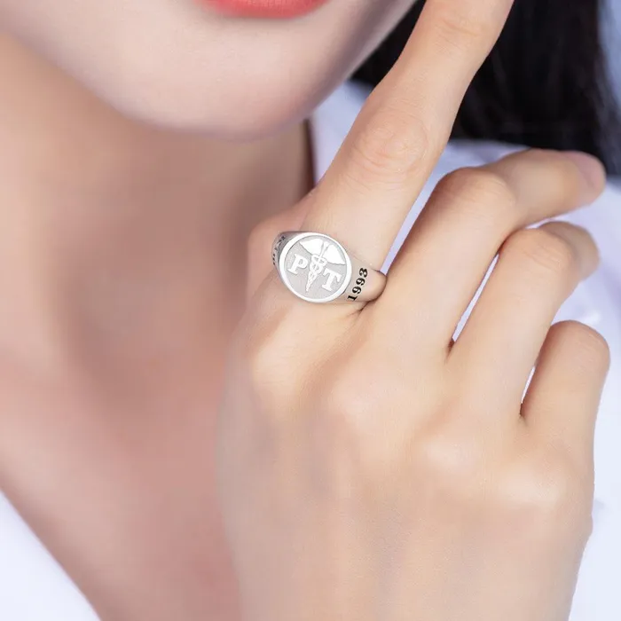 Belbren Rings Personalized Sterling Silver Medical Signet Ring Caduceus Symbol Custom Abbreviation for Nurses Doctors Therapists