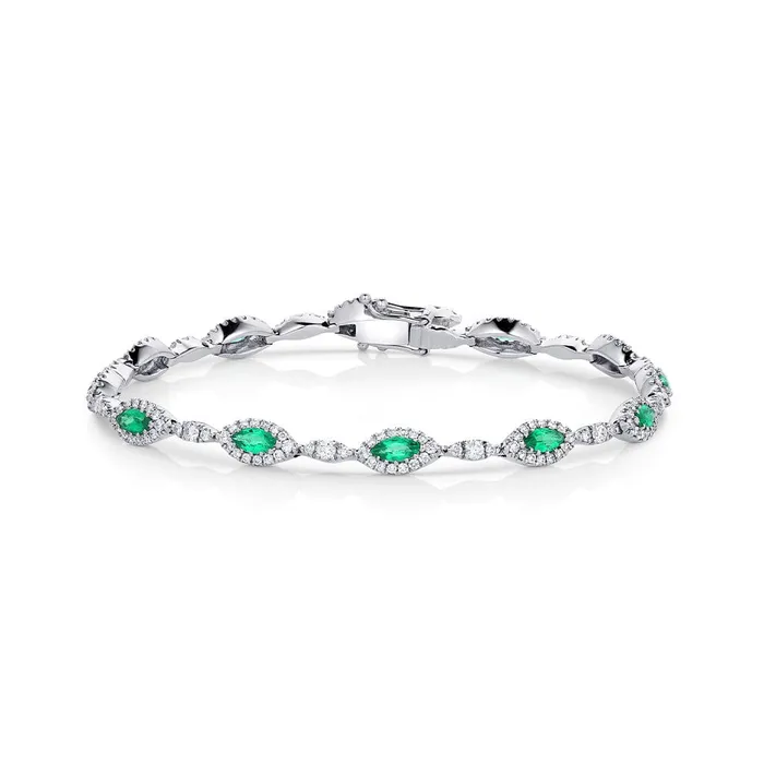 Bracelets CJ Charles Jewelers 18kt White Gold Marquise Emerald and Diamond Bracelet Bracelets CJ Charles Jewelers 18kt White Gold Marquise Emerald and Diamond Bracelet