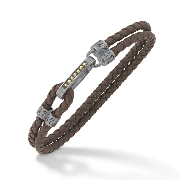 Bracelets Marco Dal Maso Marco Dal Maso Lash Parallel Recycled Oxidized Sterling Silver and Woven Brown Leather Bracelet with Yellow Sapphires Bracelets Marco Dal Maso Marco Dal Maso Lash Parallel Recycled Oxidized Sterling Silver and Woven Brown Leather Bracelet with Yellow Sapphires