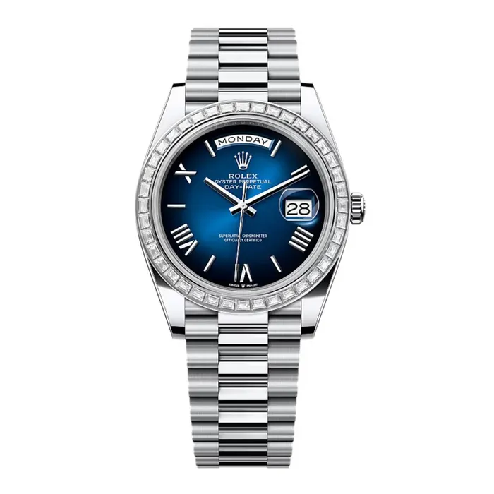 Bracelets Rolex 2024 Release Rolex DayDate 40 mm Platinum President bracelet Blue ombr dial Diamond bezel Mens Watch 228396TBR Bracelets Rolex 2024 Release Rolex DayDate 40 mm Platinum President bracelet Blue ombr dial Diamond bezel Mens Watch 228396TBR