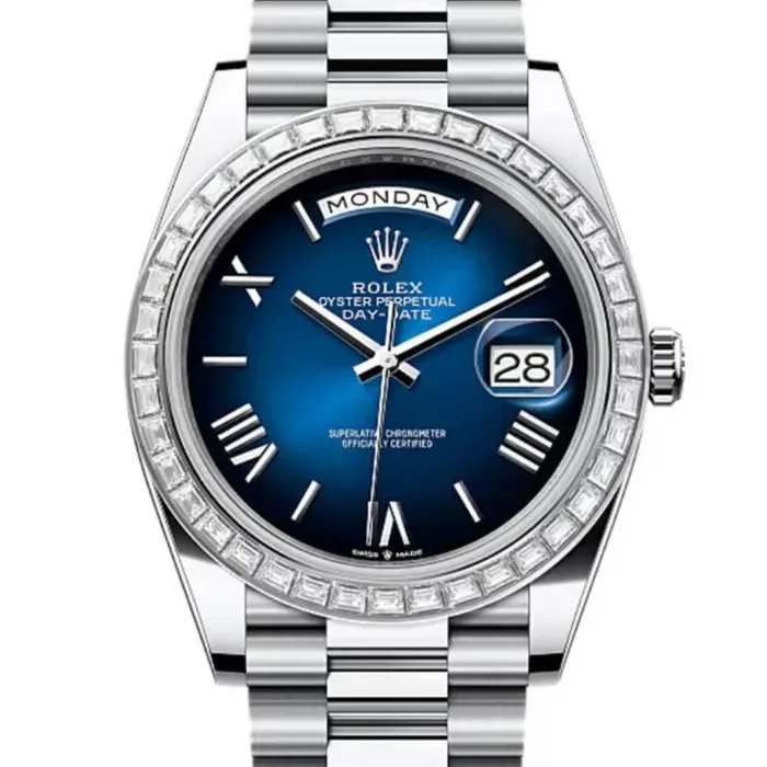 Bracelets Rolex 2024 Release Rolex DayDate 40 mm Platinum President bracelet Blue ombr dial Diamond bezel Mens Watch 228396TBR