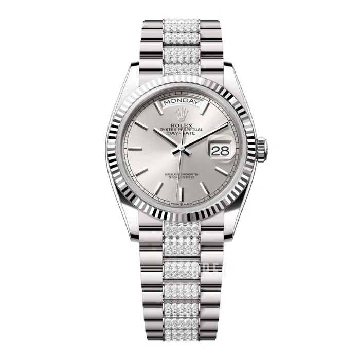 Bracelets Rolex Rolex Day Date 36mm Ref 1282390025 Silver Stick Dial 18K White Gold Diamonds President Bracelet Watch Bracelets Rolex Rolex Day Date 36mm Ref 1282390025 Silver Stick Dial 18K White Gold Diamonds President Bracelet Watch