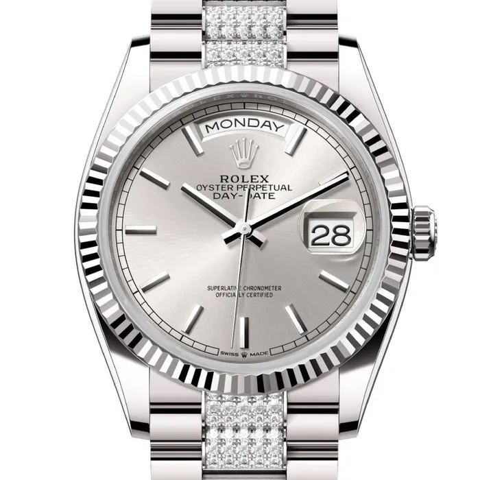 Bracelets Rolex Rolex Day Date 36mm Ref 1282390025 Silver Stick Dial 18K White Gold Diamonds President Bracelet Watch
