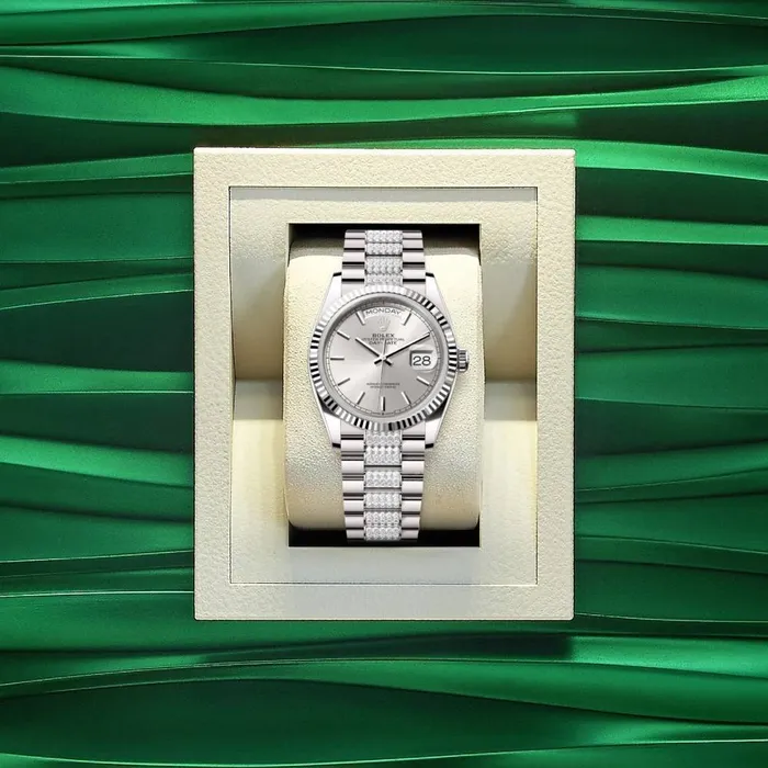 Bracelets Rolex Rolex Day Date 36mm Ref 1282390025 Silver Stick Dial 18K White Gold Diamonds President Bracelet Watch