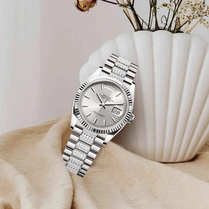 Bracelets Rolex Rolex Day Date 36mm Ref 1282390025 Silver Stick Dial 18K White Gold Diamonds President Bracelet Watch