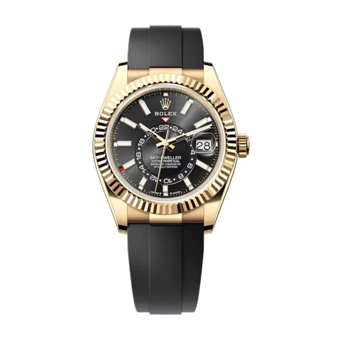 Bracelets Rolex Rolex SkyDweller 42mm Ref 336238 Bright Black Stick Dial 18K Yellow Gold Case Black Oysterflex Bracelet Watch Bracelets Rolex Rolex SkyDweller 42mm Ref 336238 Bright Black Stick Dial 18K Yellow Gold Case Black Oysterflex Bracelet Watch