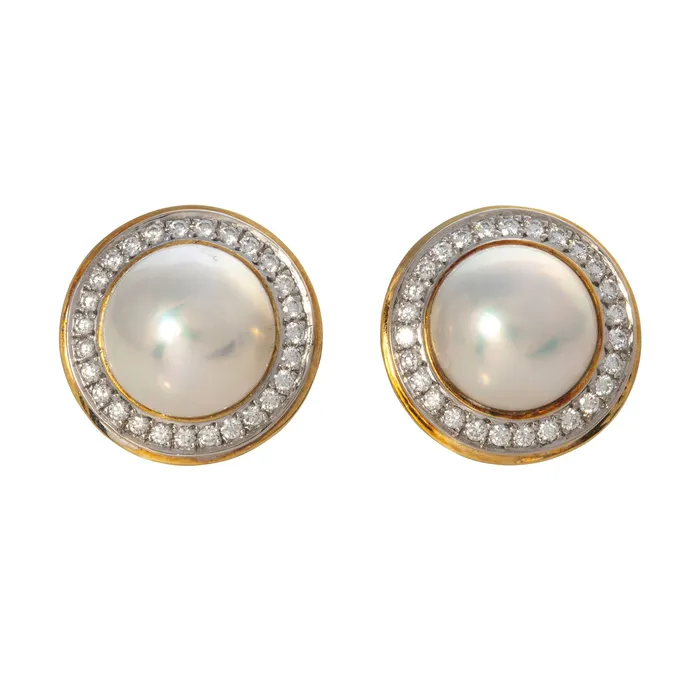 Croghans Earrings Vintage Mabe Pearl Diamond 18K Gold Earrings