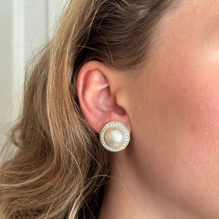 Croghans Earrings Vintage Mabe Pearl Diamond 18K Gold Earrings