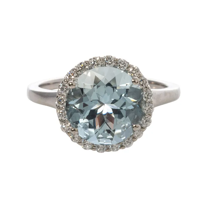 Croghans Rings Round Aquamarine Diamond Halo 14K White Gold Ring