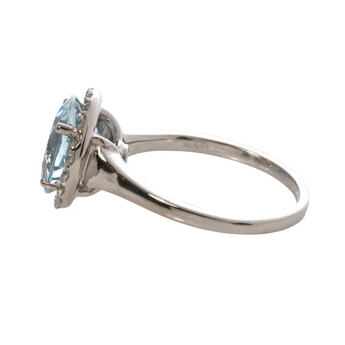 Croghans Rings Round Aquamarine Diamond Halo 14K White Gold Ring