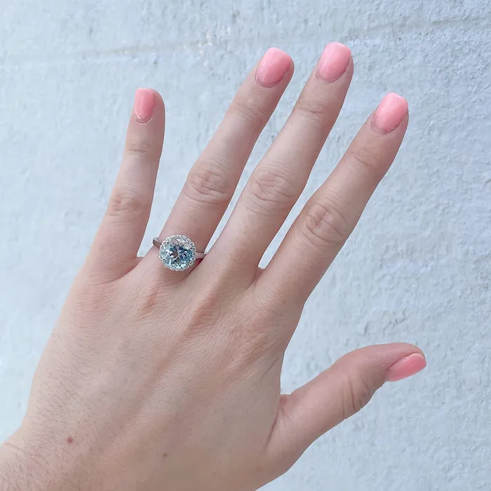 Croghans Rings Round Aquamarine Diamond Halo 14K White Gold Ring