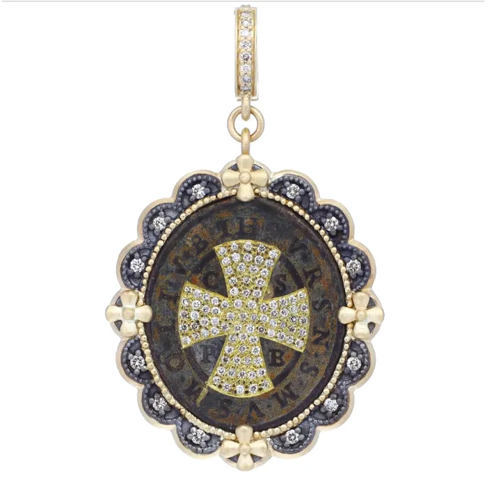 Cynthia Ann PreStyled Sets Cynthia Ann 14K Yellow Gold Antique St Benedict Diamond Medal Pendant Cynthia Ann PreStyled Sets Cynthia Ann 14K Yellow Gold Antique St Benedict Diamond Medal Pendant