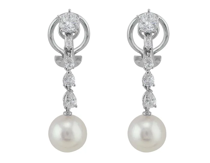 Earrings CJ Charles Jewelers 14k White Gold Pearl Diamond Chandelier Earrings