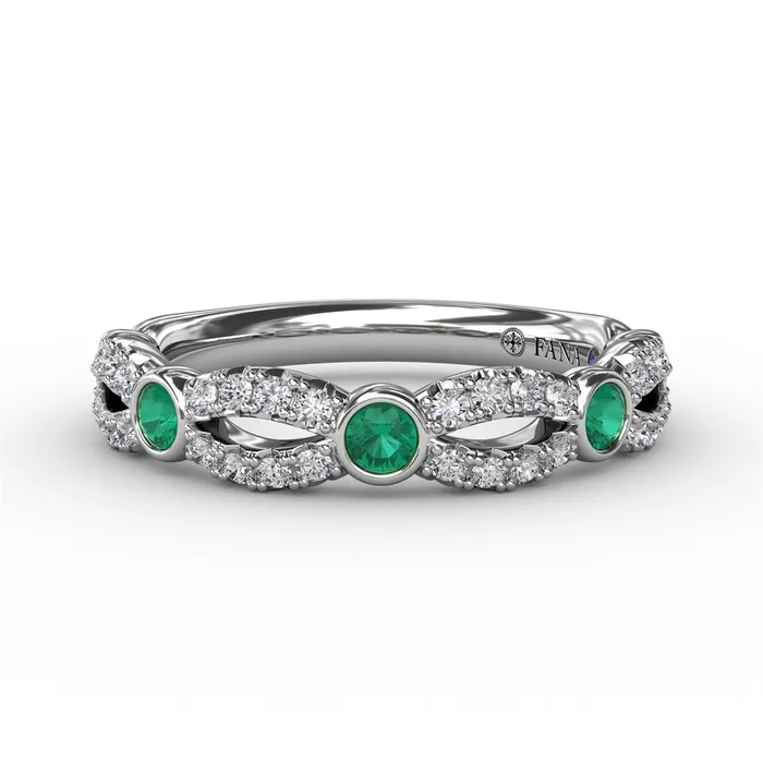 Fana Rings 14K White Gold Diamond Band Infinity Design with Bezel Set Round Emeralds Fana Rings 14K White Gold Diamond Band Infinity Design with Bezel Set Round Emeralds
