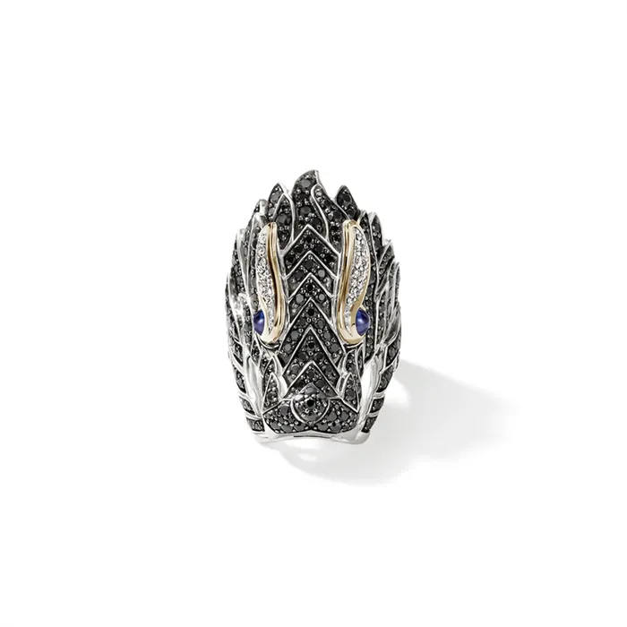 John Hardy John Hardy Legends Naga Silver and 18K Gold Diamond Pave Dragons Head Ring with Blue Sapphire Eyes Rings John Hardy John Hardy Legends Naga Silver and 18K Gold Diamond Pave Dragons Head Ring with Blue Sapphire Eyes Rings