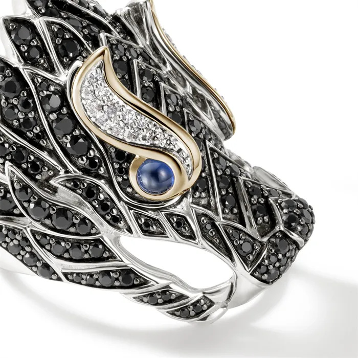 John Hardy John Hardy Legends Naga Silver and 18K Gold Diamond Pave Dragons Head Ring with Blue Sapphire Eyes Rings John Hardy John Hardy Legends Naga Silver and 18K Gold Diamond Pave Dragons Head Ring with Blue Sapphire Eyes Rings