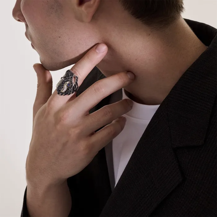 John Hardy John Hardy Legends Naga Silver and 18K Gold Diamond Pave Dragons Head Ring with Blue Sapphire Eyes Rings John Hardy John Hardy Legends Naga Silver and 18K Gold Diamond Pave Dragons Head Ring with Blue Sapphire Eyes Rings