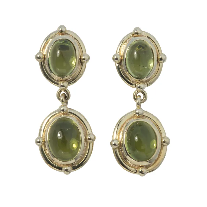 Mazza Peridot Oval Cabochon Double Drop 14K Yellow Gold Earrings Mazza Earrings Mazza Peridot Oval Cabochon Double Drop 14K Yellow Gold Earrings Mazza Earrings