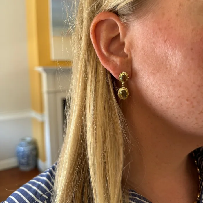 Mazza Peridot Oval Cabochon Double Drop 14K Yellow Gold Earrings Mazza Earrings