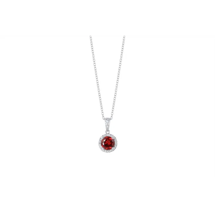 Meierotto Jewelers Necklaces 14K White Gold Round Garnet Pendant Necklace with Diamond Halo Meierotto Jewelers Necklaces 14K White Gold Round Garnet Pendant Necklace with Diamond Halo