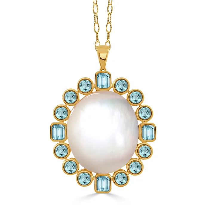 Mother of Pearl Doublet Blue Topaz 18K Gold Pendant Necklace Croghans Necklaces