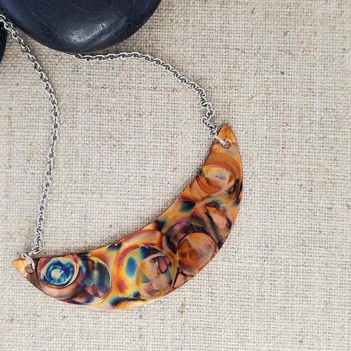 Necklaces Covaly Artisan Jewelry Flame Painted Copper Crescent Necklace