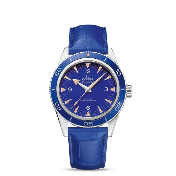 Omega Watches Omega Seamaster 41mm Watch Ref 23493412199002 Blue Index Dial in Platinum Case Blue Leather Strap Omega Watches Omega Seamaster 41mm Watch Ref 23493412199002 Blue Index Dial in Platinum Case Blue Leather Strap