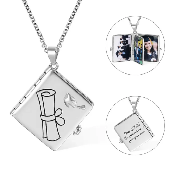 Personalized Graduation Album Necklace Custom Photo Pendant with Engraved Message Gift in Platinum Gold Rose Gold Keepsake Jewelry Belbren Necklaces
