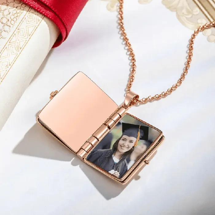 Personalized Graduation Album Necklace Custom Photo Pendant with Engraved Message Gift in Platinum Gold Rose Gold Keepsake Jewelry Belbren Necklaces