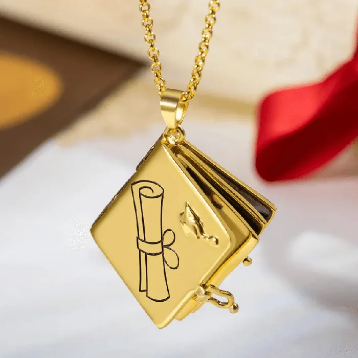 Personalized Graduation Album Necklace Custom Photo Pendant with Engraved Message Gift in Platinum Gold Rose Gold Keepsake Jewelry Belbren Necklaces
