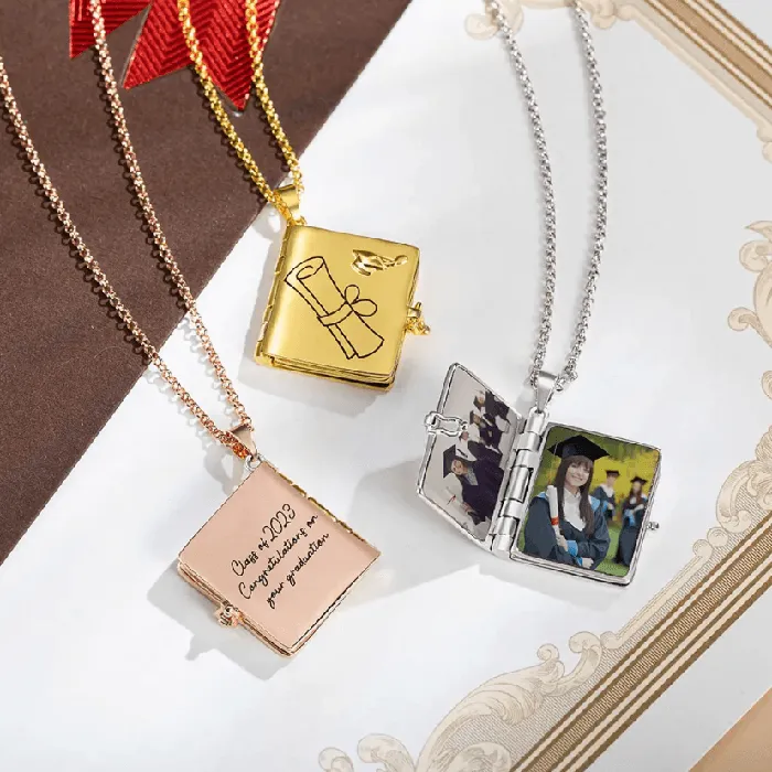 Personalized Graduation Album Necklace Custom Photo Pendant with Engraved Message Gift in Platinum Gold Rose Gold Keepsake Jewelry Belbren Necklaces