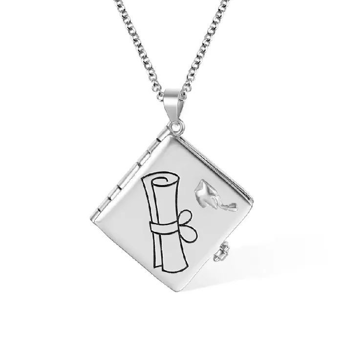 Personalized Graduation Album Necklace Custom Photo Pendant with Engraved Message Gift in Platinum Gold Rose Gold Keepsake Jewelry Belbren Necklaces