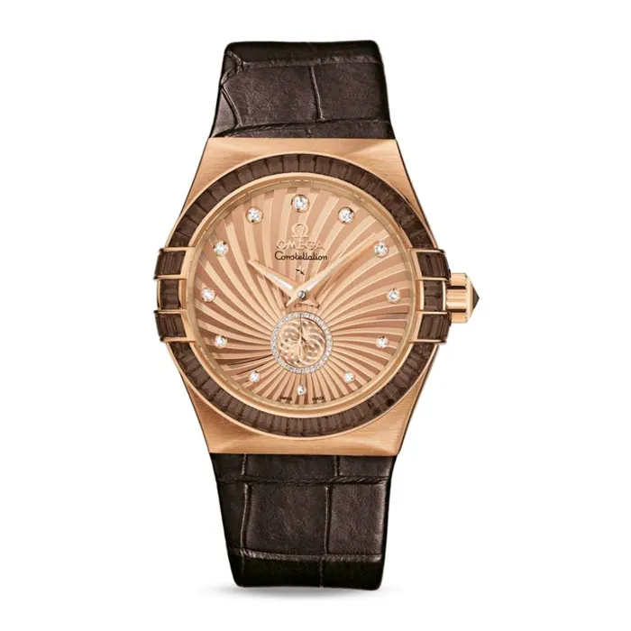 PreStyled Sets Omega Omega Constellation 35mm Watch Ref 12358352099001 18K Rose Gold Diamond Index Dial in 18K Rose Gold Case Brown Leather Strap PreStyled Sets Omega Omega Constellation 35mm Watch Ref 12358352099001 18K Rose Gold Diamond Index Dial in 18K Rose Gold Case Brown Leather Strap