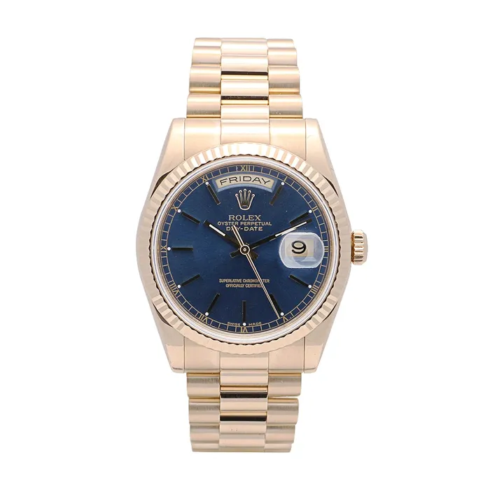 PreStyled Sets Preowned Rolex Rolex DayDate 36 Watch 18K Yellow Gold Blue Dial Automatic Preowned PreStyled Sets Preowned Rolex Rolex DayDate 36 Watch 18K Yellow Gold Blue Dial Automatic Preowned