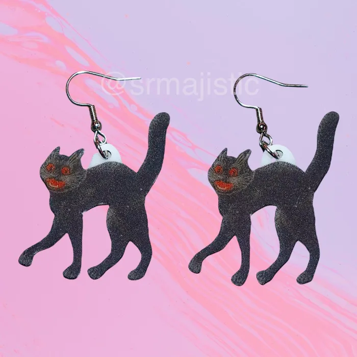 READY TO SHIP Vintage Spooky Scaredy Cat 2D Handmade Earrings Sam Makes Things Earrings
