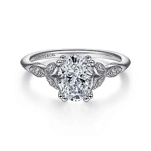 Rings 14K White Gold Semi Mount Ring with Vine design Shank Gabriel Co